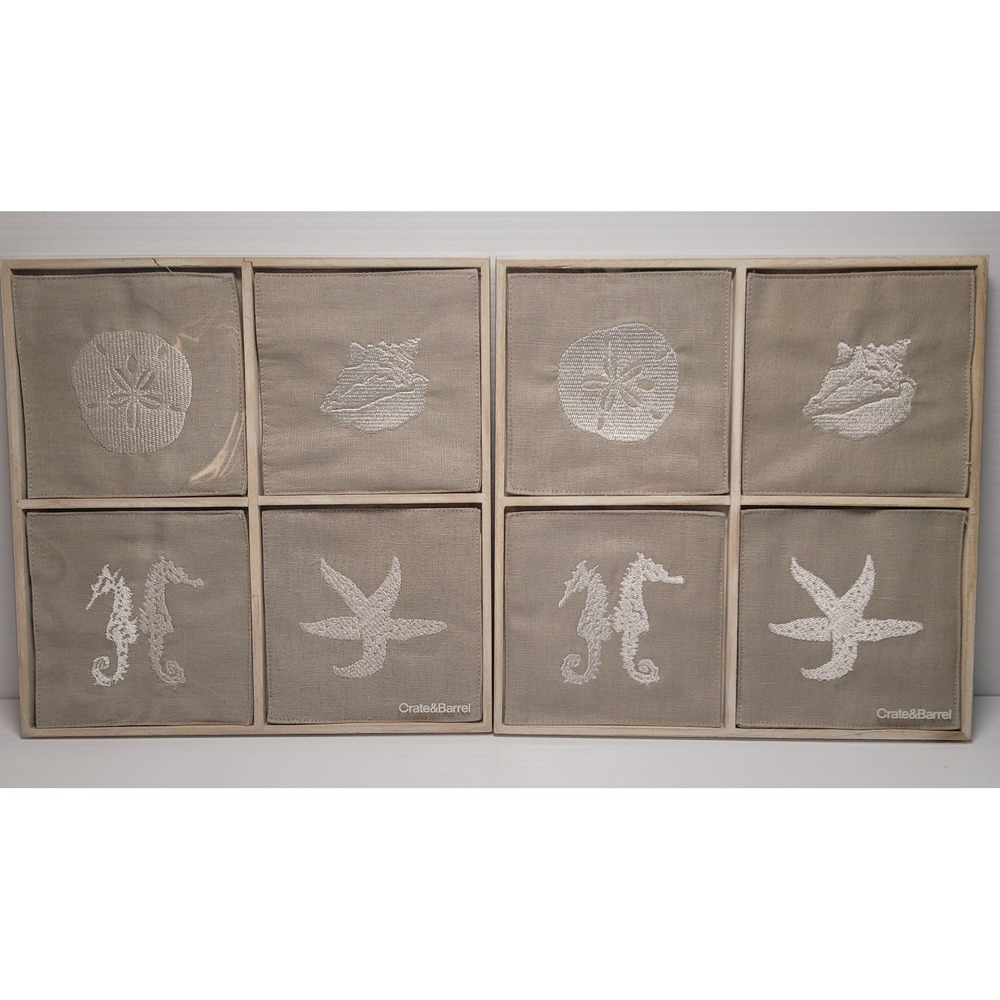 2 Crate & Barrel Linen/Cotton Blend Seaside‎ Coasters Sets Seahorse Starfish NEW